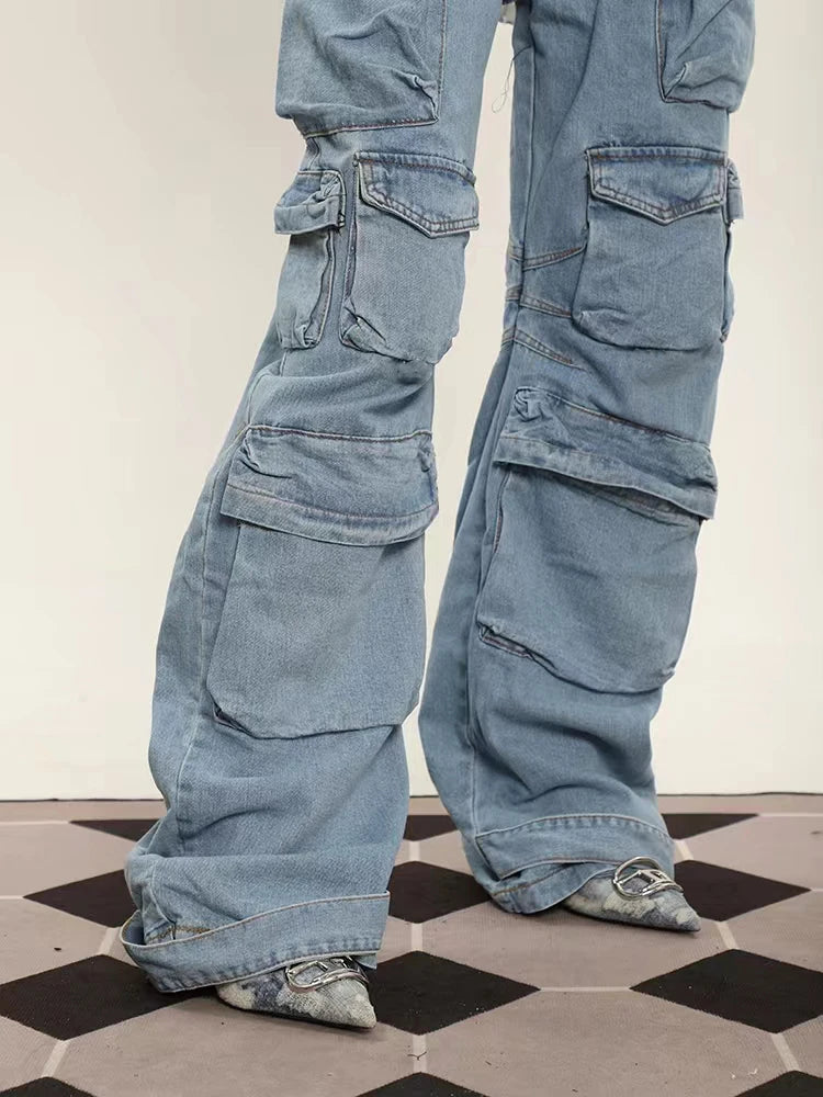 Grunge Punk High Street Style Oversized Cargo Jeans Women Spring Autumn Y2K Korean Fashion Pockets Loose Denim Boyfriend Pants