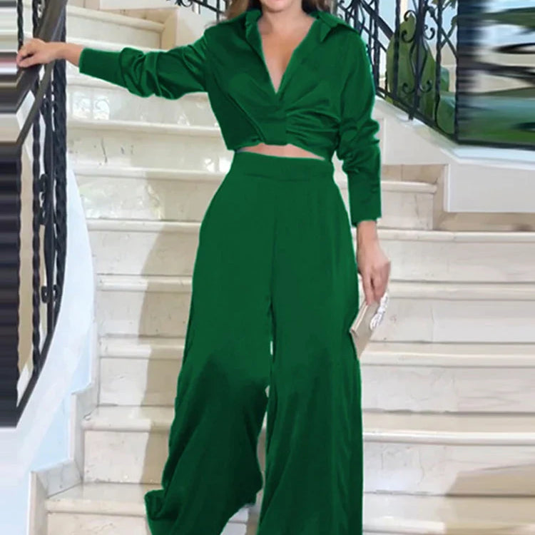 Drauuing 2 Pieces Sets Women Shirts Top And Wide Leg Pant Outfits Women Blouse Sets Women Crop Top And Pant 2 Pieces Sets green
