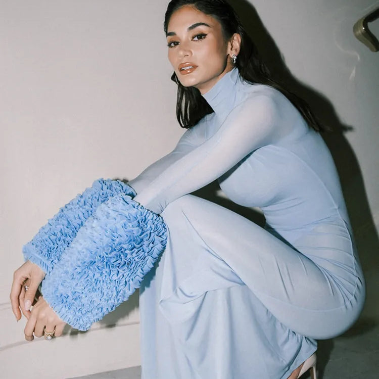 Women Celebrity Sexy Long Sleeve Mesh Sky Blue Maxi Long Bodycon Dress 2024 Elegant Evening Club Party Outfit