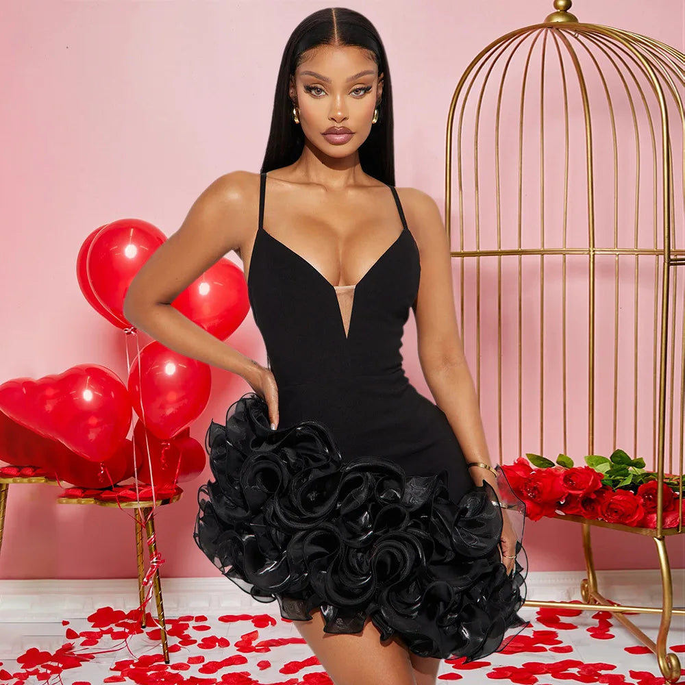 CM.YAYA Women V-neck Strap Mult Ruffles Sleeveless Bodycon Mini Dress Sexy Evening Night Party Club irregular Vestidos Dresses