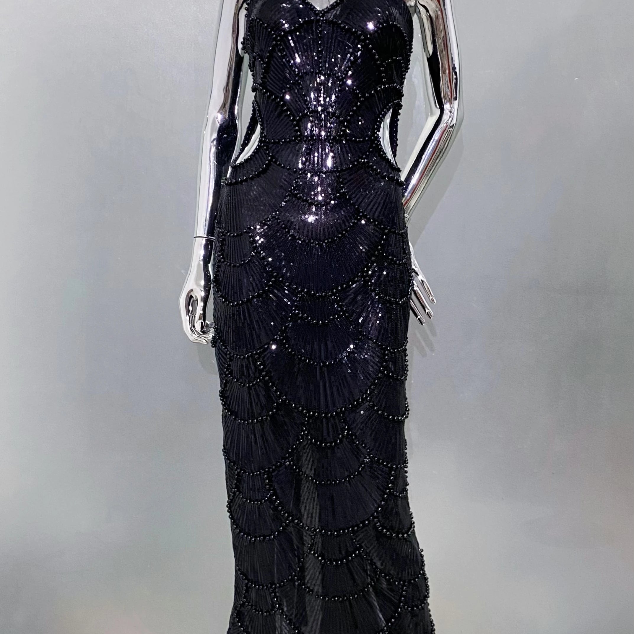 STOCK New Arrival Shining Sequins Beading Hollow Out Spaghetti Strap Long Dress Woman Birthday Party Dress Sweet Dateing Outfit