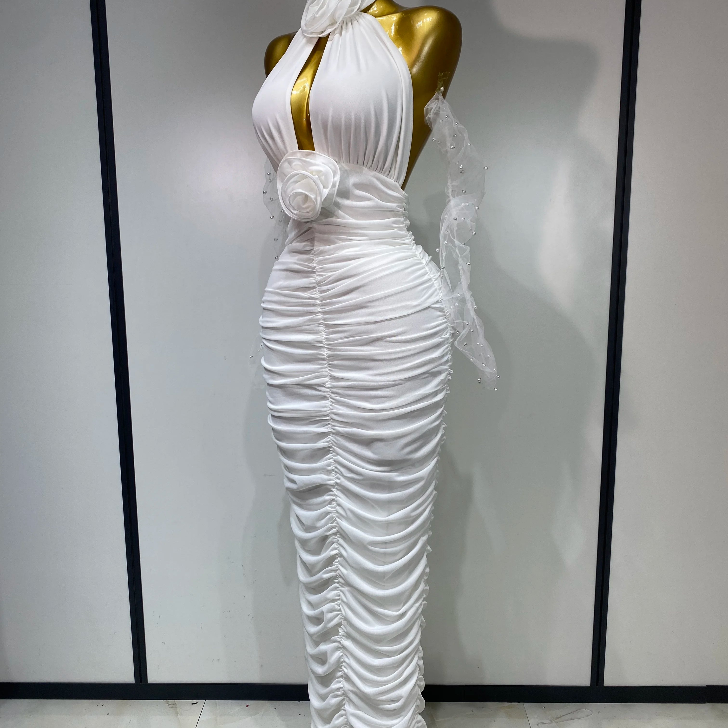 Women Sexy Cut Out Flower Pleated Bodycon Long Dress Celebrity White Elegant Evening Party Cocktail Luxury Birthday Dress