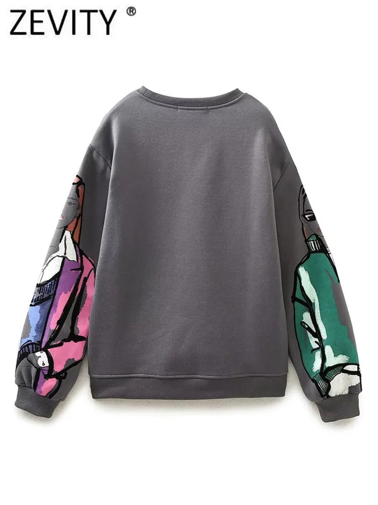 Women Fashion Modern Ladies Print Loose Fleece Sweatshirts Female O Neck Long Sleeve Hoodies Chic Pullovers Tops H2840