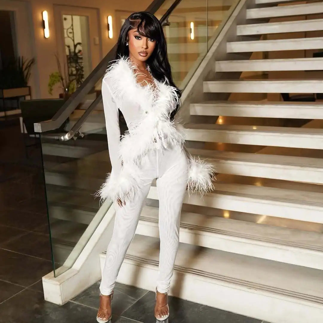 CM.YAYA Fashion Mesh See Though Women's Set Feather Side Long Sleeve Crop Top and Legging Pants 2025 Sexy Two 2Piece Sets Outfit