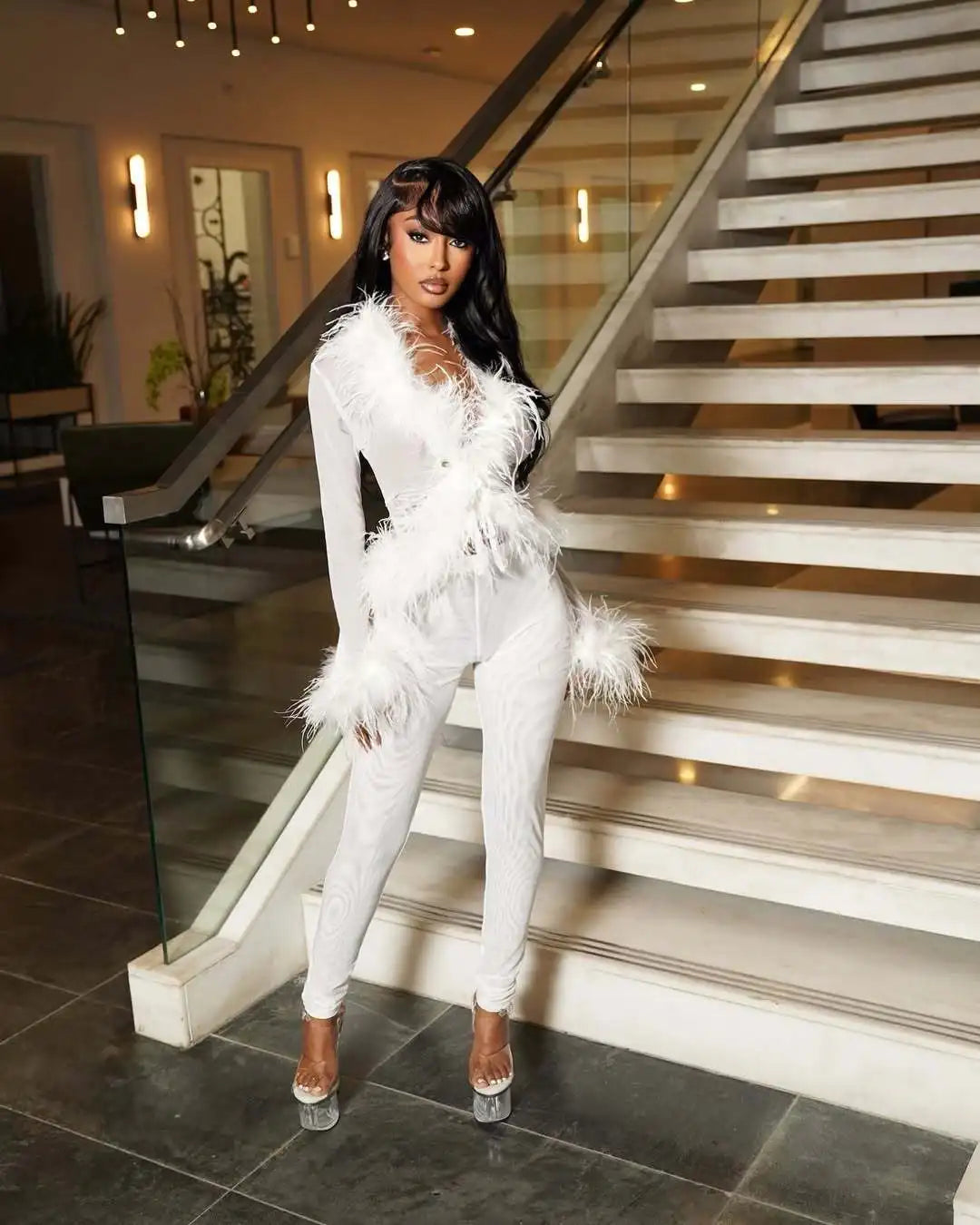 CM.YAYA Fashion Mesh See Though Women's Set Feather Side Long Sleeve Crop Top and Legging Pants 2025 Sexy Two 2Piece Sets Outfit