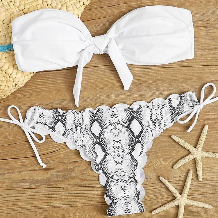 Sexy Scalloped Marble Print Bikini Women Bandeau Swimwear Female Swimsuit Two-pieces Bikini set Knotted Bather Bathing Suit Swim B582White