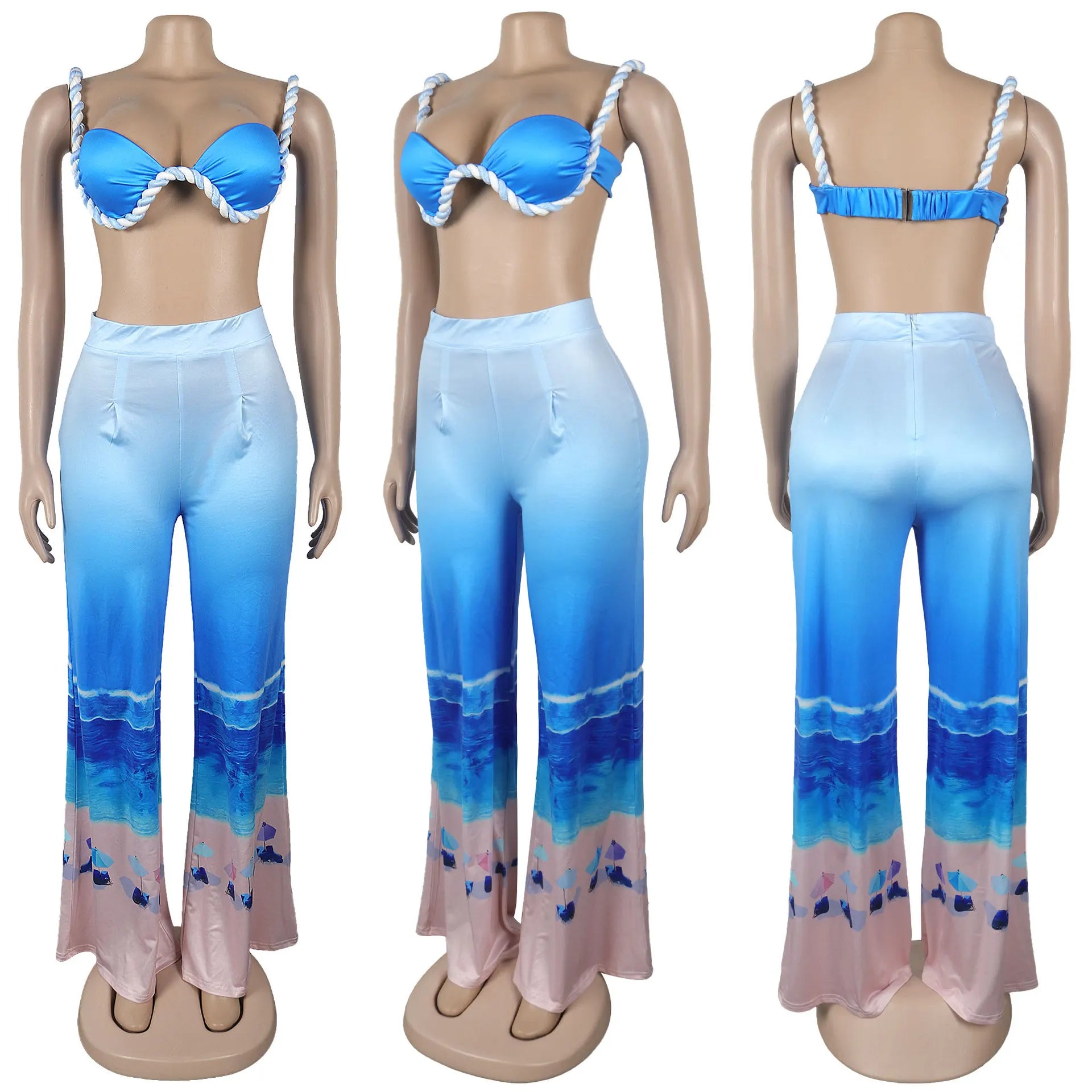 CM.YAYA Summer Women's Set Beach Print Sleeveless Strapless Tops +Wide Leg Pants Suits Street Two 2 Piece Sets Bohemian Outfits