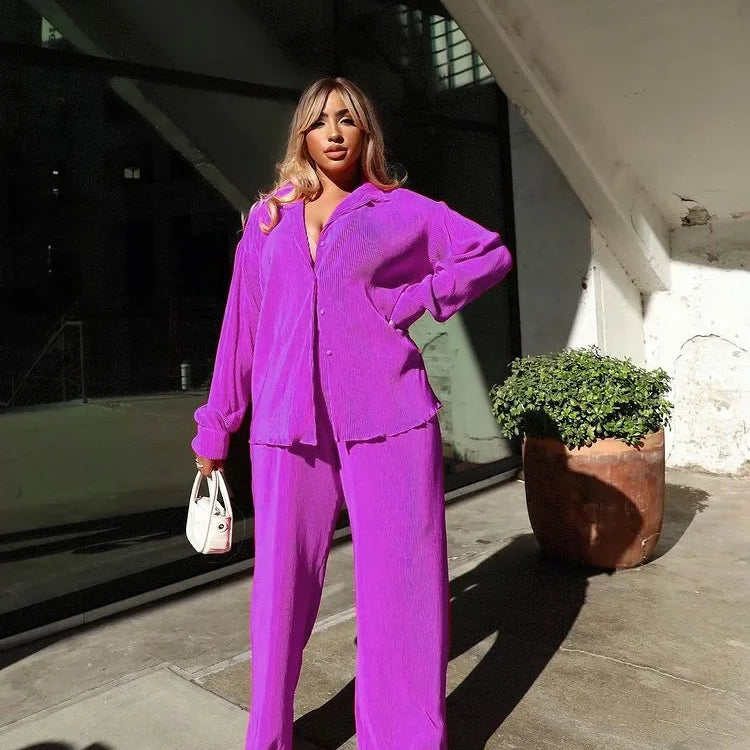 CM.YAYA Pleated Solid Women Set Long Sleeve Shirts and Straight Wide Leg Pants Suits Tracksuit Two Piece Set Fitness Outfits
