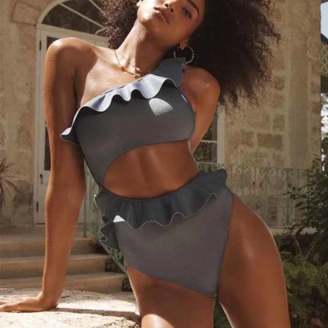 Women's Printed Ruffle Swimsuit Fashion One Shoulder Slash Breasted Bikini Two Piece High Waisted Tummy Tuck Beachwear 2023 New Silver