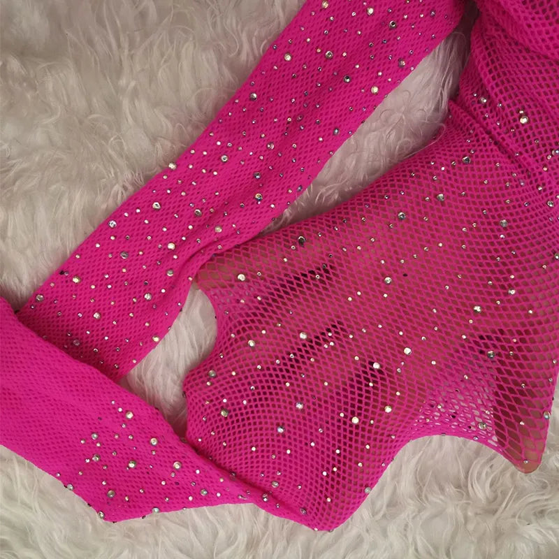 Summer Fishnet Diamond Pantyhose Women Sexy Fashion Shiny Net Tights Female Slim Rhinestone Mesh Nylon Stockings Tights Rose Red One Size