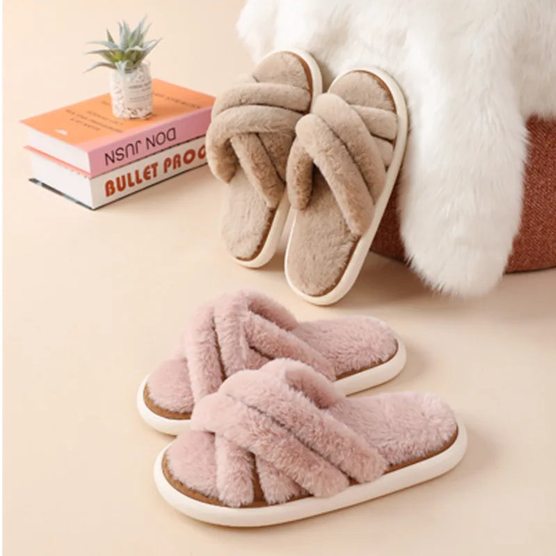 Winter Women Home Indoor Casual Slippers Female Flip Flops Fluffy Shoes Cross Design Slides Ladies Soft Warm Plush Slipper