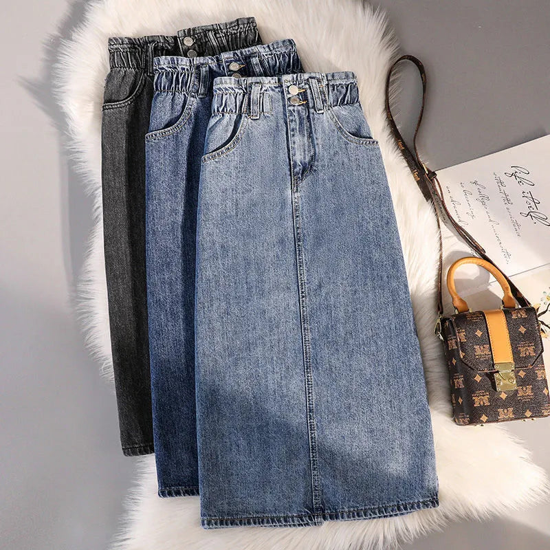 Oversized Casual Solid Button Pockets Denim Skirt Summer Office Lady Vintage Slim Elegant Skirts Spring Korean Fashion Faldas
