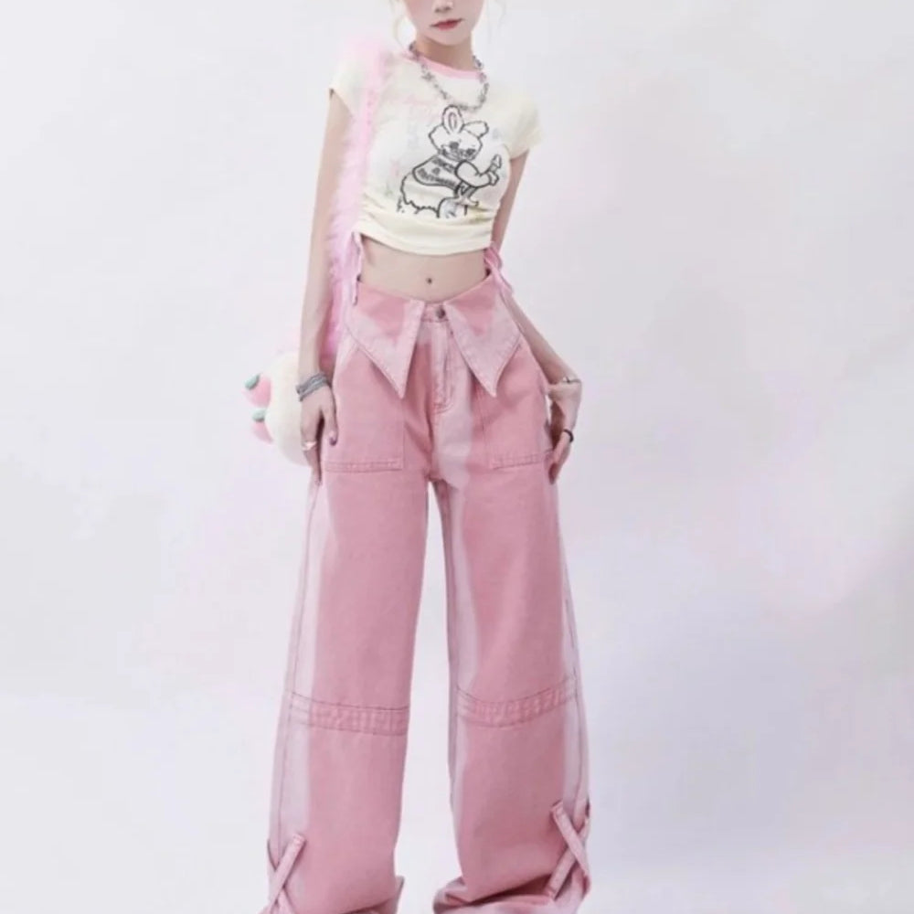 Pink High Waist Jeans for Women Autumn Winter Casual Baggy Pants Woman Y2K Streetwear Clothes Wide Leg Jeans Ladies Korean