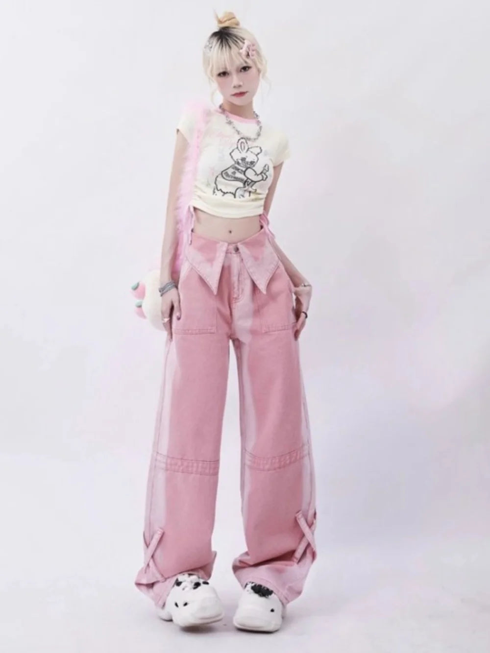 Pink High Waist Jeans for Women Autumn Winter Casual Baggy Pants Woman Y2K Streetwear Clothes Wide Leg Jeans Ladies Korean