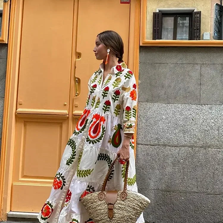 Vintage Flower Print Single Breasted Long Dress Women Elegant Lapel Half Sleeves Loose Hem Dresses Female Vocation Vestidos