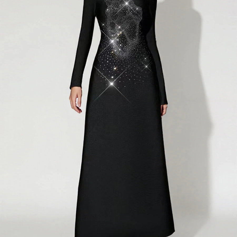 TWOTWINSTYLE Solid Spliced Stick Drill Elegant Dresses for Women Round Neck Long Sleeves Temperamnet Dress Female Fashion New