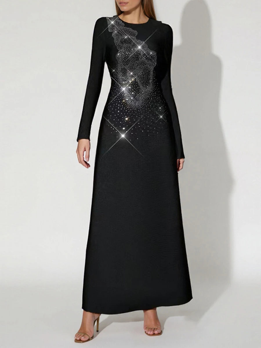 TWOTWINSTYLE Solid Spliced Stick Drill Elegant Dresses for Women Round Neck Long Sleeves Temperamnet Dress Female Fashion New