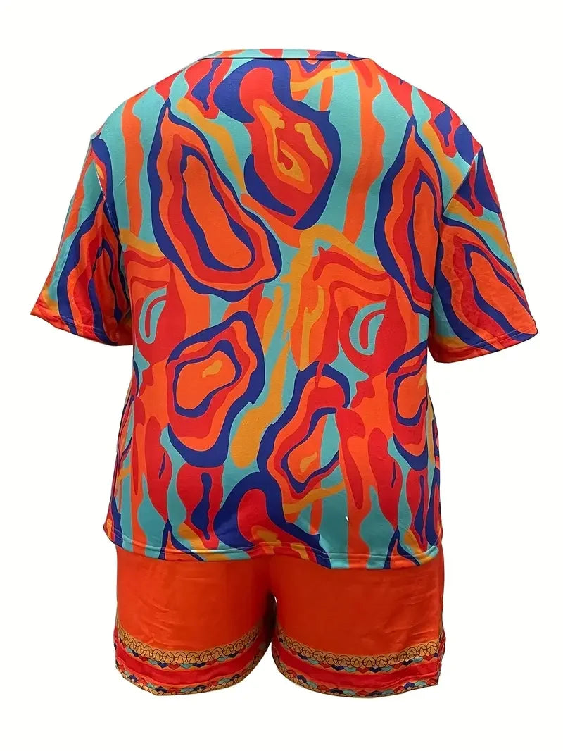 Plus Size 1XL-5XL Women's Colorful Abstract Print Pajama Set  Casual Short Sleeve Round Neck T-Shirt & Shorts Summer Loungewear