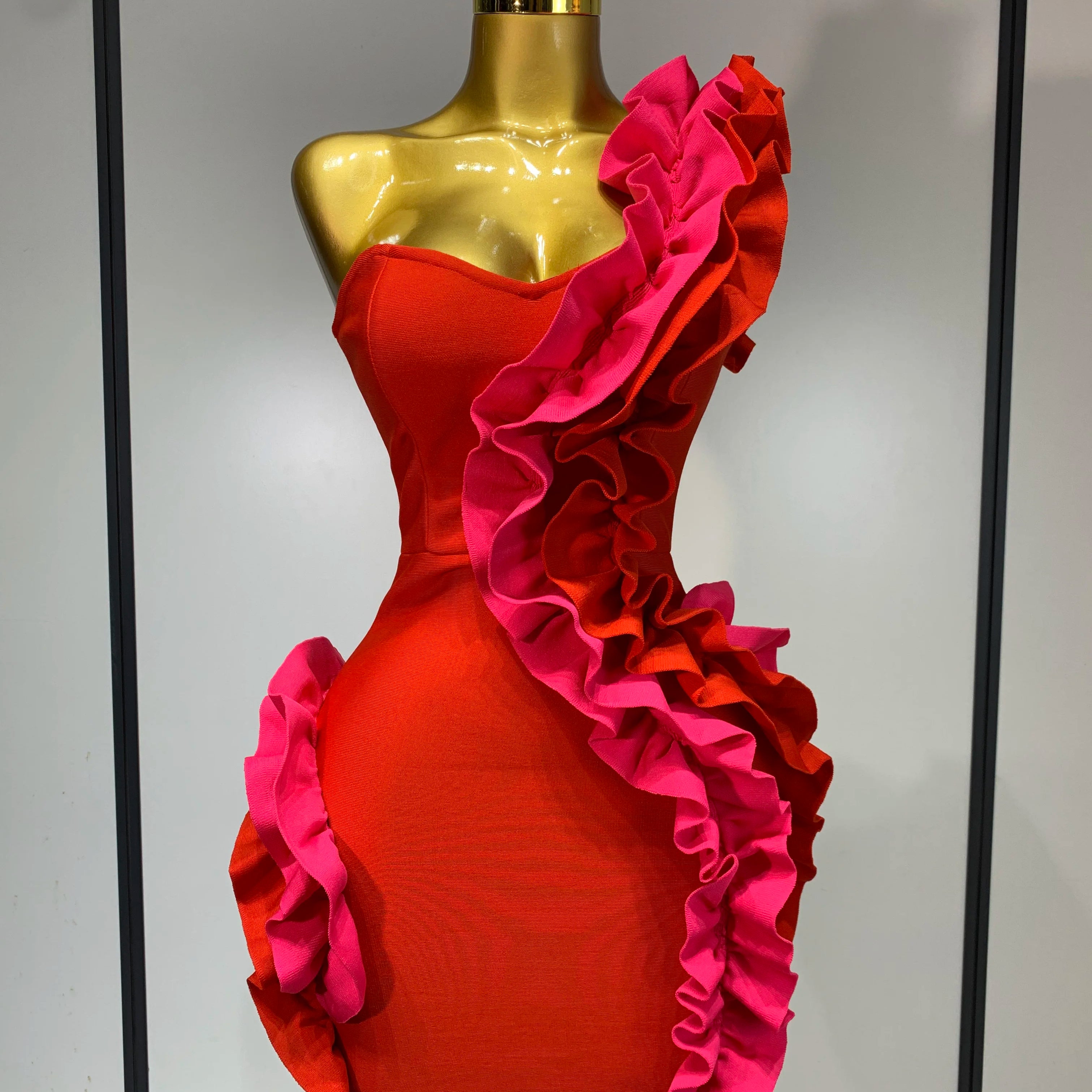 Women Sexy One Shoulder Red Ruffles Bodycon Bandage Dress 2025 Celebrity Elegant Evening Birthday Party Club Luxury Dresses