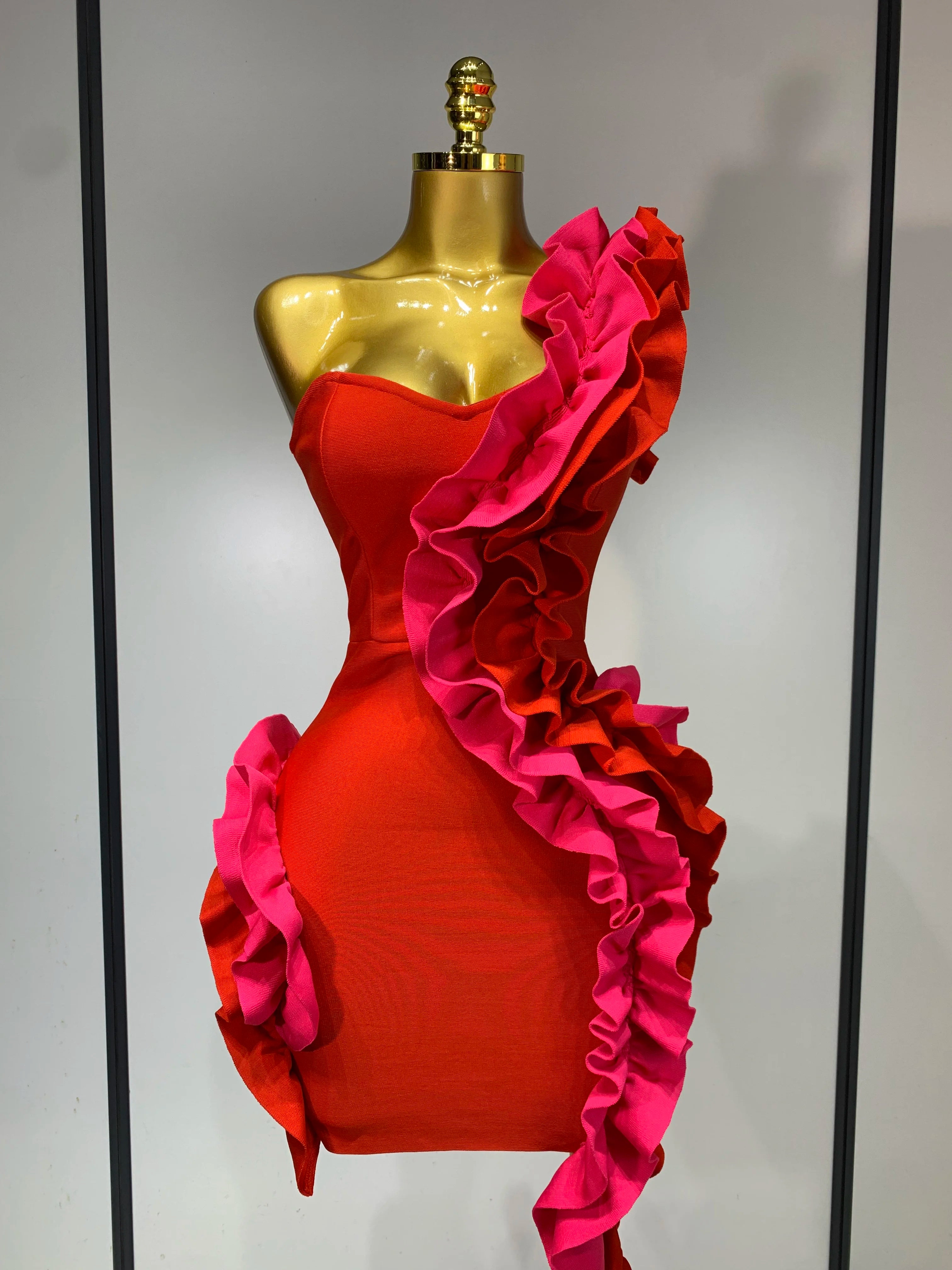 Women Sexy One Shoulder Red Ruffles Bodycon Bandage Dress 2025 Celebrity Elegant Evening Birthday Party Club Luxury Dresses