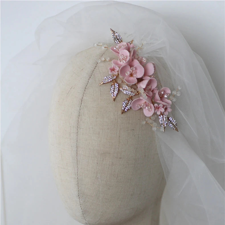 Pink Flower Bridal Hair Comb Rhinestone Leaf Headpiece Wedding Hair Jewelry Handmade Women Accessories