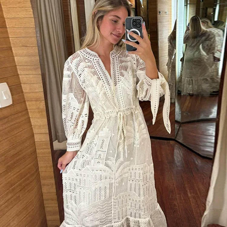 Casual Knit Hollow Out Patchwork Maxi Dress For Women O-neck High Waist Drawstring Lantern Sleeve Dresses Summer Beach Lady Robe