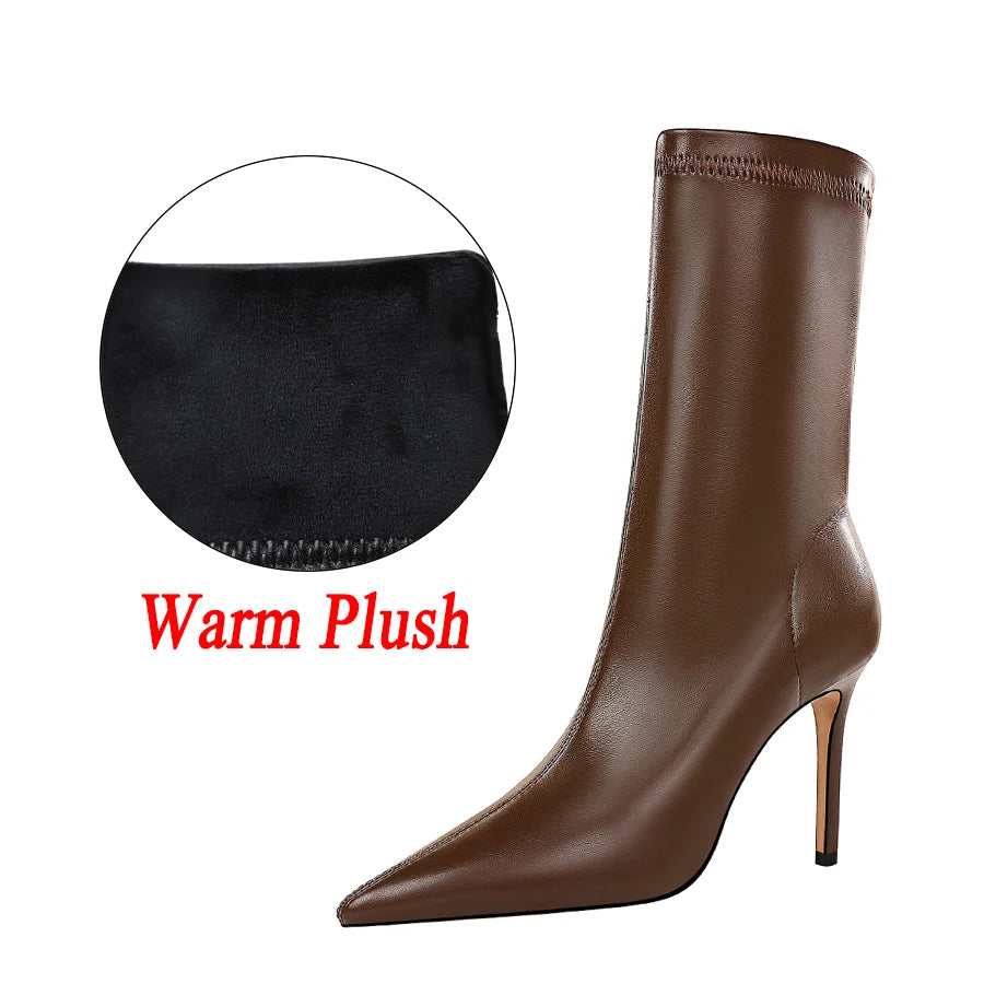 Women Leather 7.5cm 9.5cm High Heels Boots Lady Brown Spring Winter Warm Pointed Toe Boots Fetish Booties Nightclub Party Shoes 9.5cm Brown-Warm