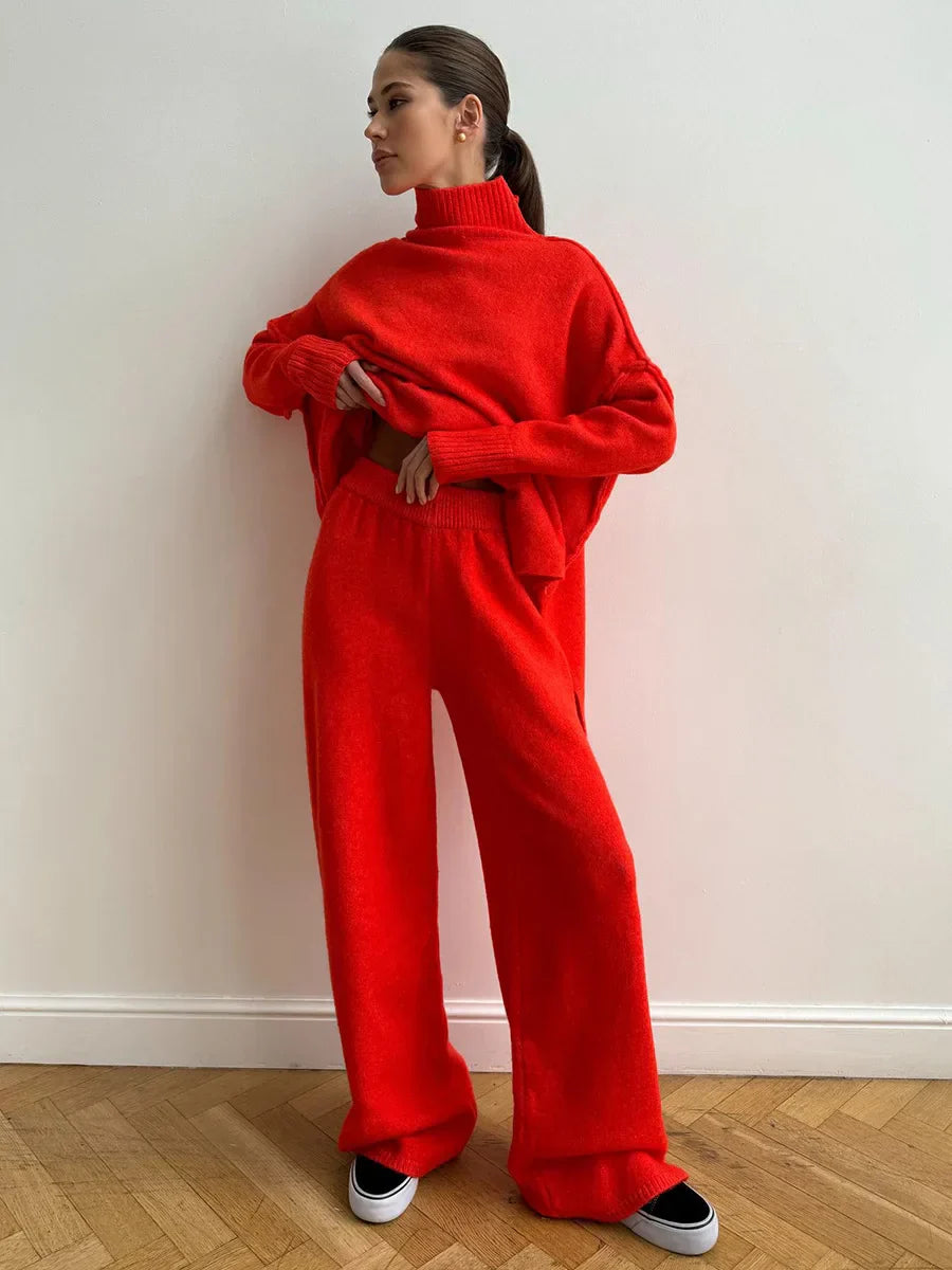 2025 turtleneck sweater set women's European, American autumn and winter new loose casual lazy thickened knitted trousers set orange