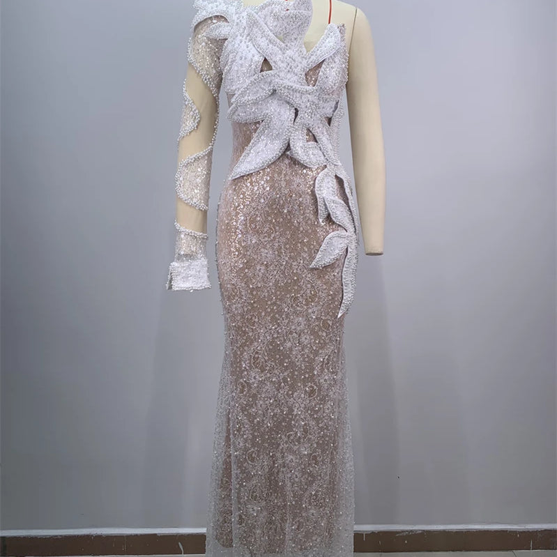 2024 White Sequins Beading One Shoulder White Lace Long Dress Graceful Woman Wedding Party Dress Singer Performance costume