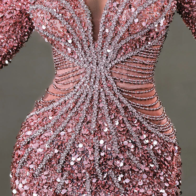 VC Pink Sparkly Sequins Long Dress Pearls Chains Design Off the Shoulder Long Sleeves Formal Occasion Mermaid Party Evening Gown