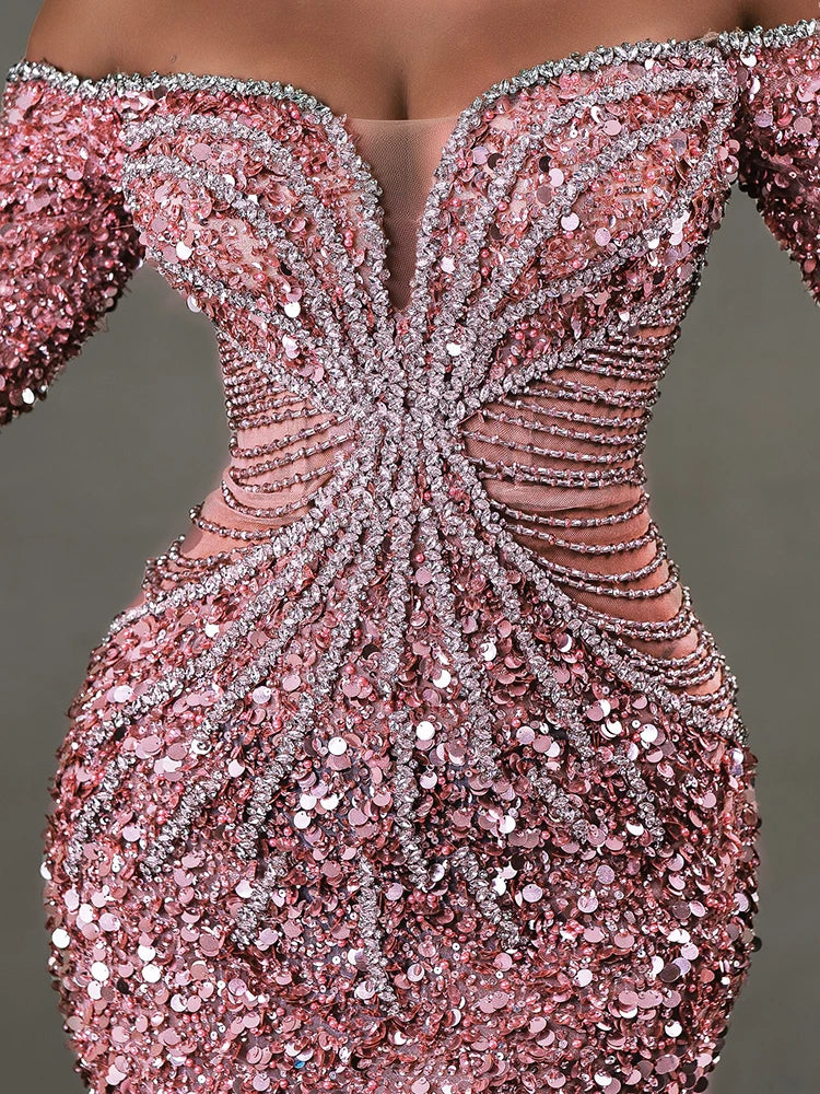 VC Pink Sparkly Sequins Long Dress Pearls Chains Design Off the Shoulder Long Sleeves Formal Occasion Mermaid Party Evening Gown