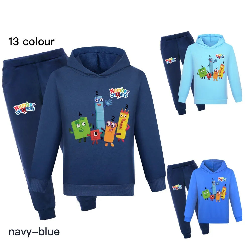 Nummer blockerar kläder barn pullover hoodies marinbyxor 2st set pojkar tecknad sportdödande flickor klädsel
