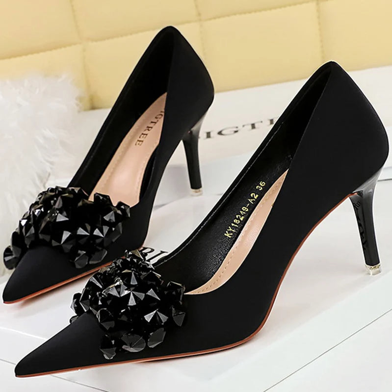 Women 7.5cm 10.5cm High Heels Luxury Pumps Lady Silk Shallow Pointed Toe Rhinestone Crystal Bling Buckle Low Heels Green Shoes Black 7.5cm