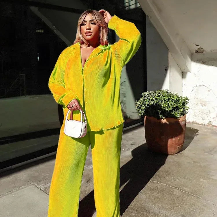 CM.YAYA Street Women's Set Long Sleeve Shirt Tops and Wide Leg Pants Elegant Tracksuit Two Piece Set Sweatsuit Fitness Outfits