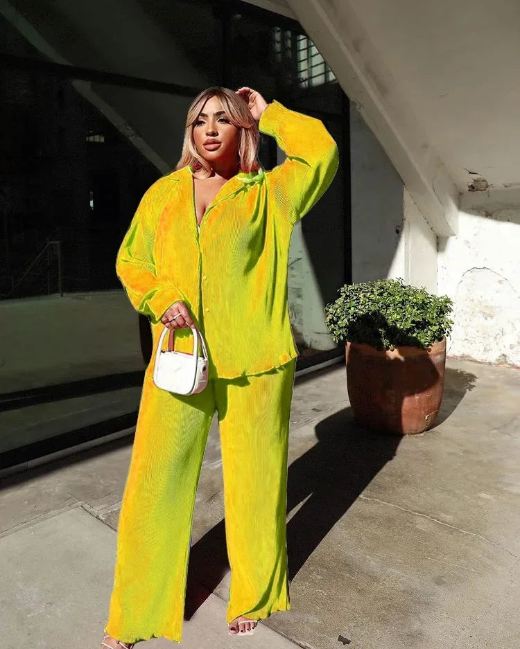 CM.YAYA Street Women's Set Long Sleeve Shirt Tops and Wide Leg Pants Elegant Tracksuit Two Piece Set Sweatsuit Fitness Outfits