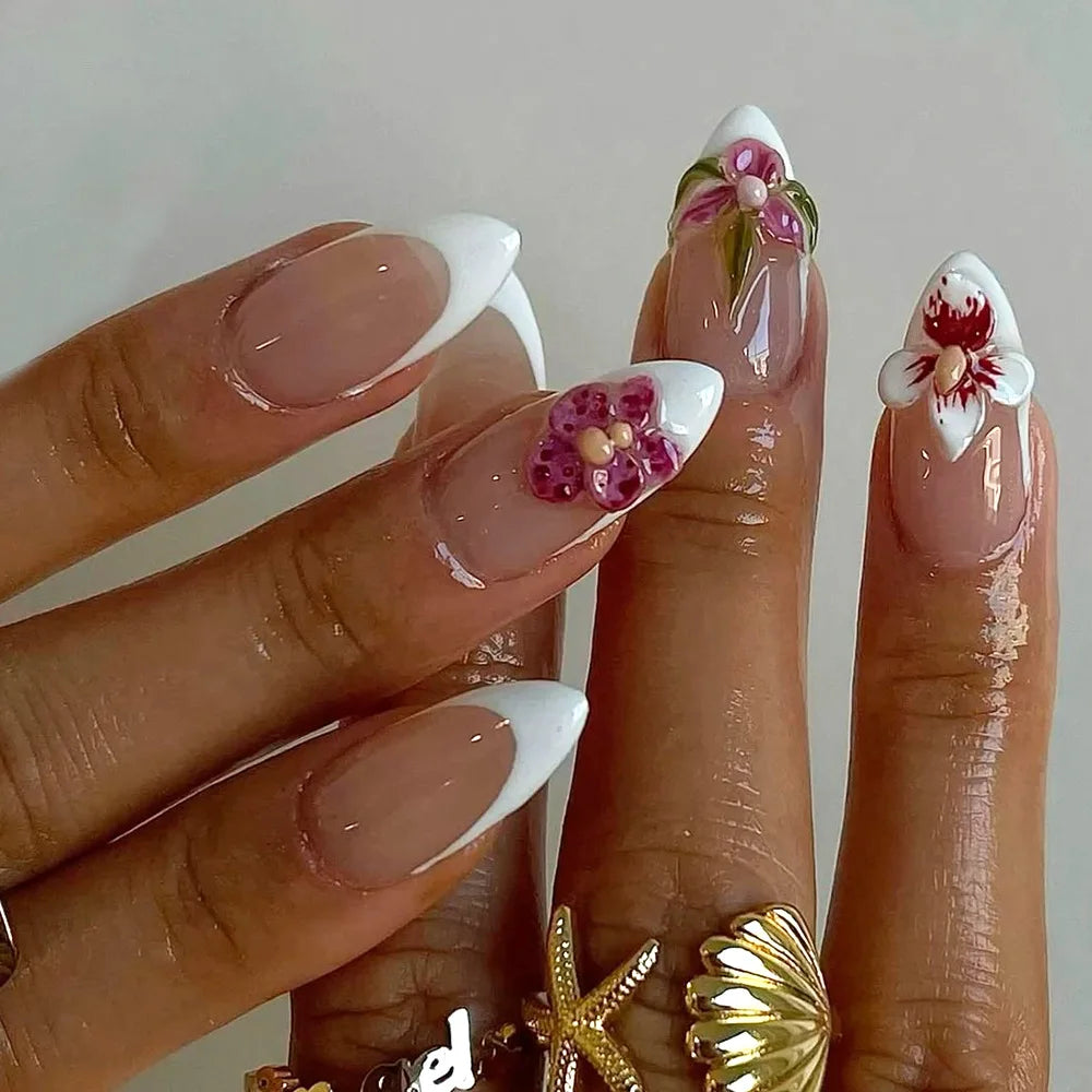 24pcs Purple Short Almond False Nails Press on Pearl Flower Design Nails Corrugation Tips Fake Nail Art Wearable Full Cover Nail