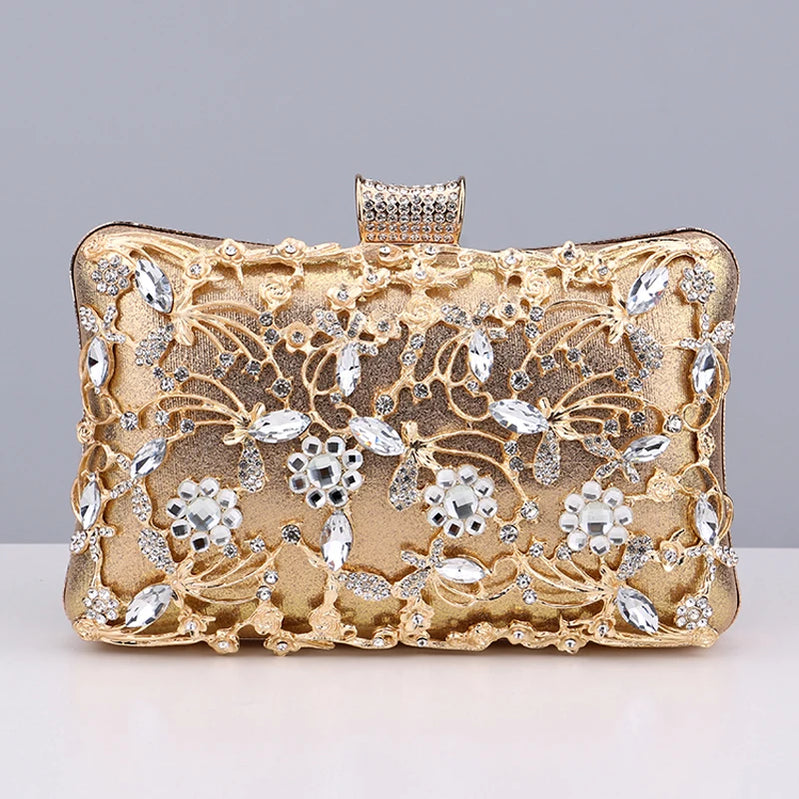Hollow Out Style Women Evening Bags Rhinestones Metal Luxury New Design Day Clutch Rhinestones Shoulder Party Purse GL3106gold