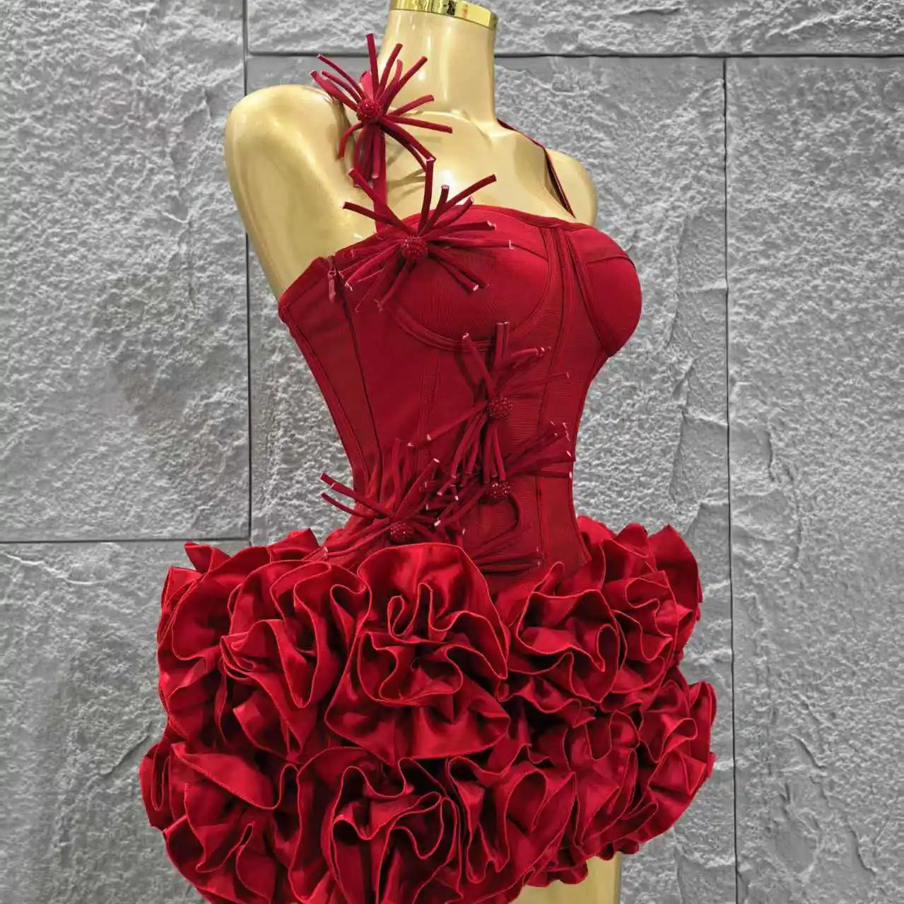 Red Color Women Sexy Halter Full Florals 2 Pieces Bodycon Mini Bandage Dress Celebrate Nightclub Party Birthday Dress