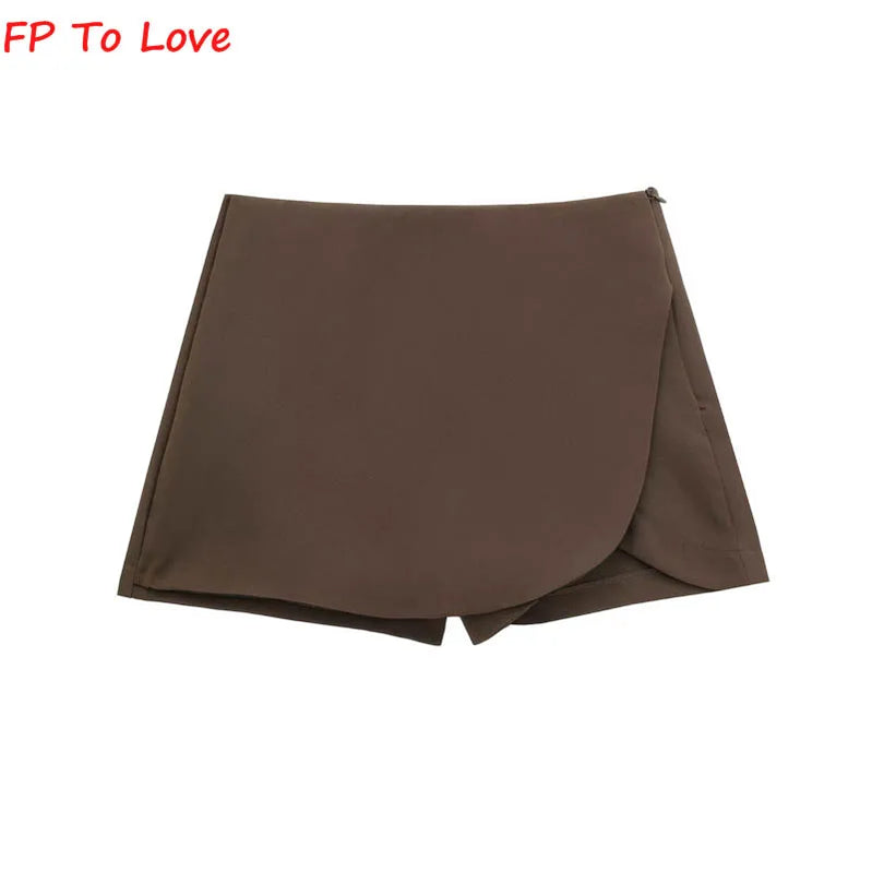 Khaki Asymmetric Culottes Mini Shorts Skirts Split Street Look Pink Black Bottom Woman Coffee