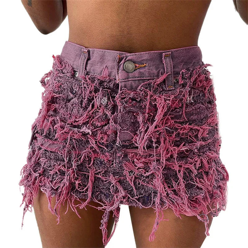 Tassels Solid Vintage Denim Street Style Short Skirt Women Casual High Waist Skinny Bottom Streetwear Clothing Purple