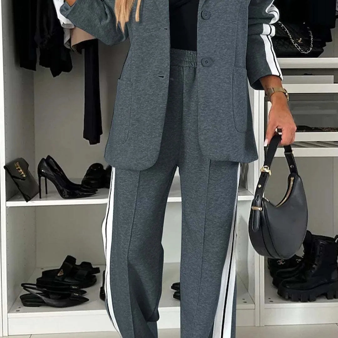 CM.YAYA Elegant Women Pants Suit and Long Sleeve Blazer Matching Set OL Streetwear Two 2 Piece Set 2024 Winter Ribbon Outfits Dark Gray