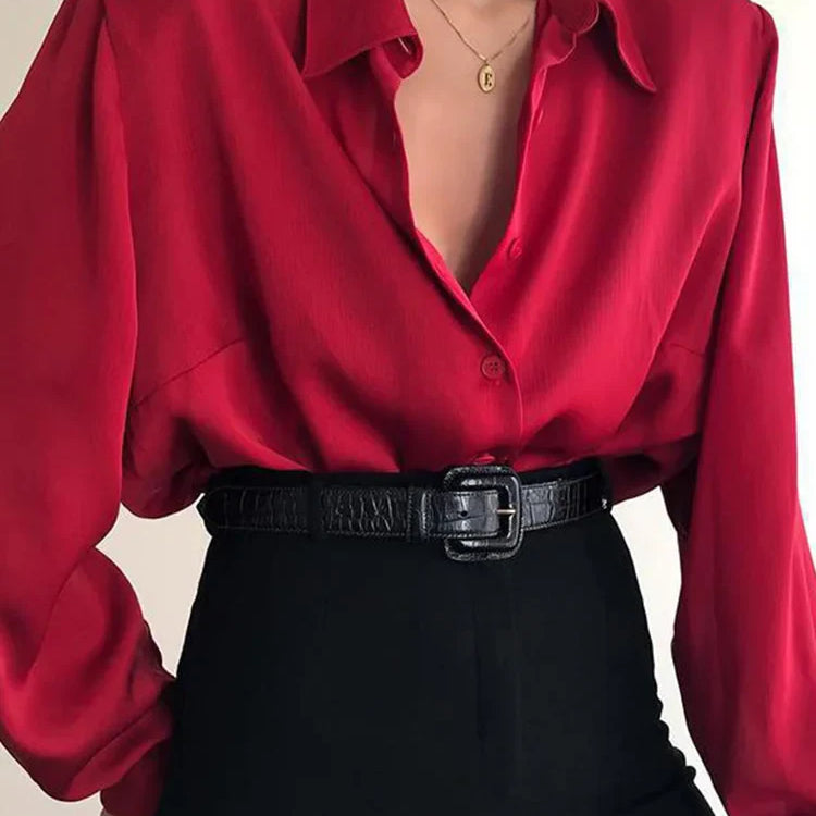 Women Button Blouses Turn Down Collar Shirts Office Lady Long Sleeve Casual Blouse Loose OL Shirt Baggy Tops Red/Wine Red /Black