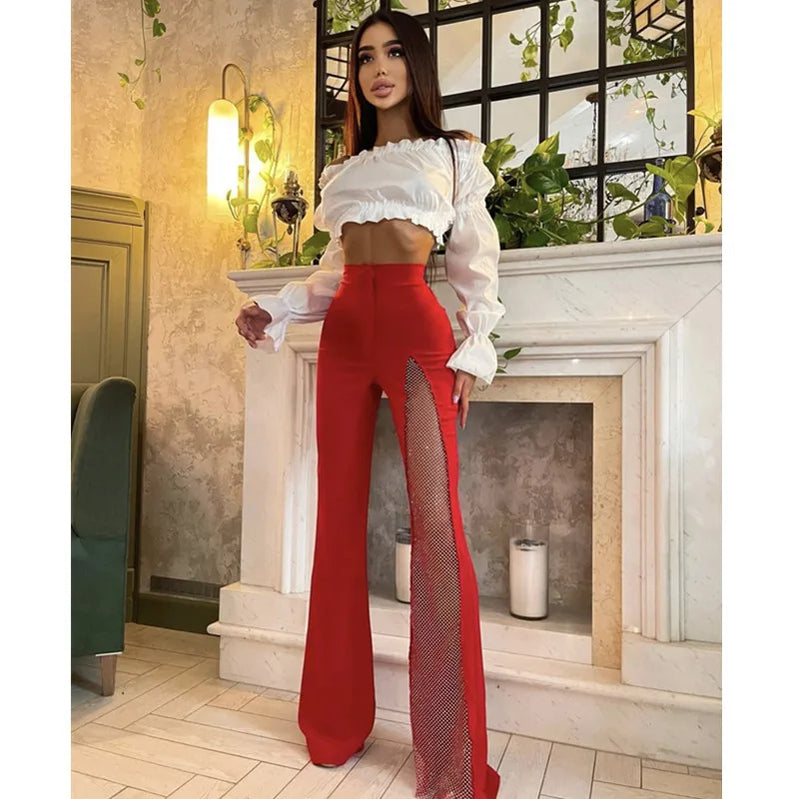 Black Red White Summer Women Rayon Bandage Sexy Wide Leg Pants Fashion Diamond Keyholes Celebrity Wear Full Length Pant