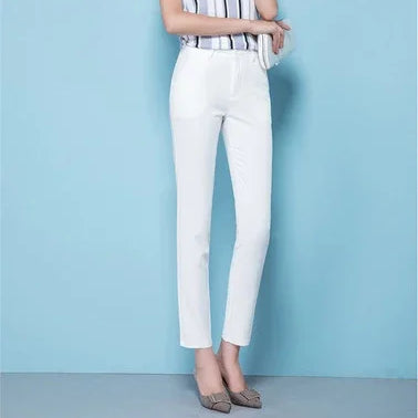 S-4xl Big Size Office Pencil Pants Womens Formal New Elegant OL Work Pantalones Elastic Cotton Slim Ankle-length Trousers white