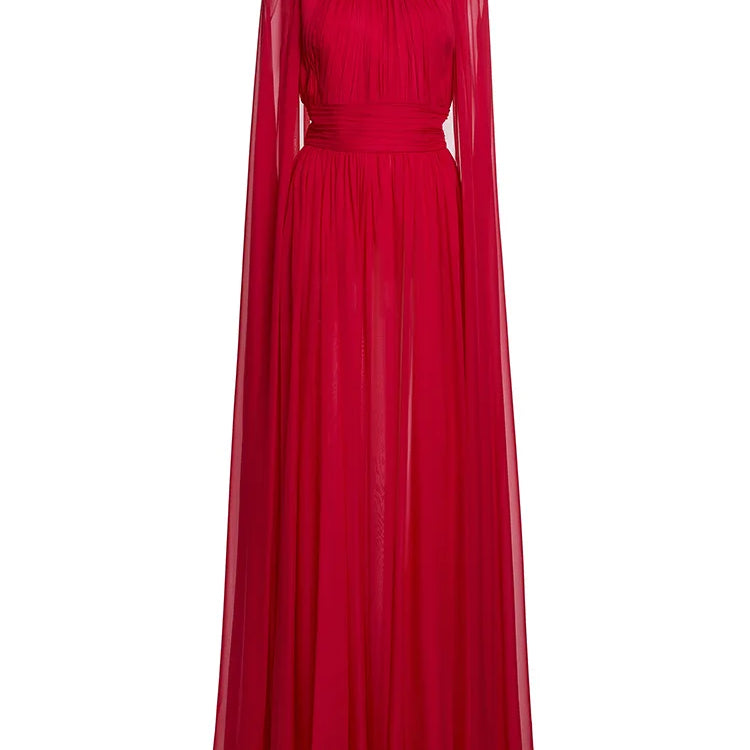 2025 New Arrival Red Color Women Fashion Cloak Sleeve Slim Floor-length Dress Elegant Eveening Party Celebrate Prom Outfit