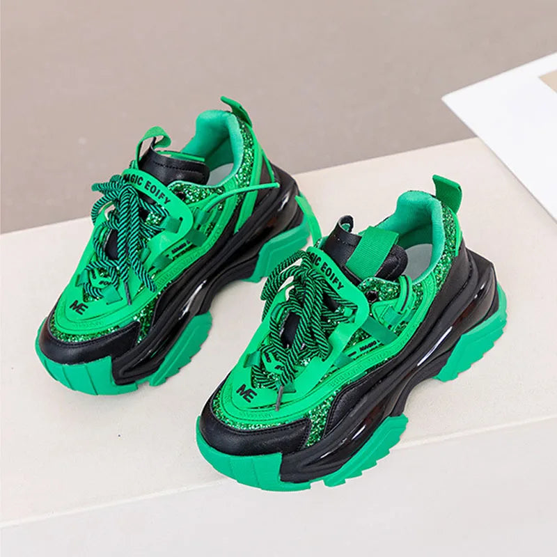 CXJYWMJL Genuine Leather Retro Sneakers for Women Thick Bottom Casual Vulcanized Shoes Ladies Autumn Breathable Chunky Sneakers Green