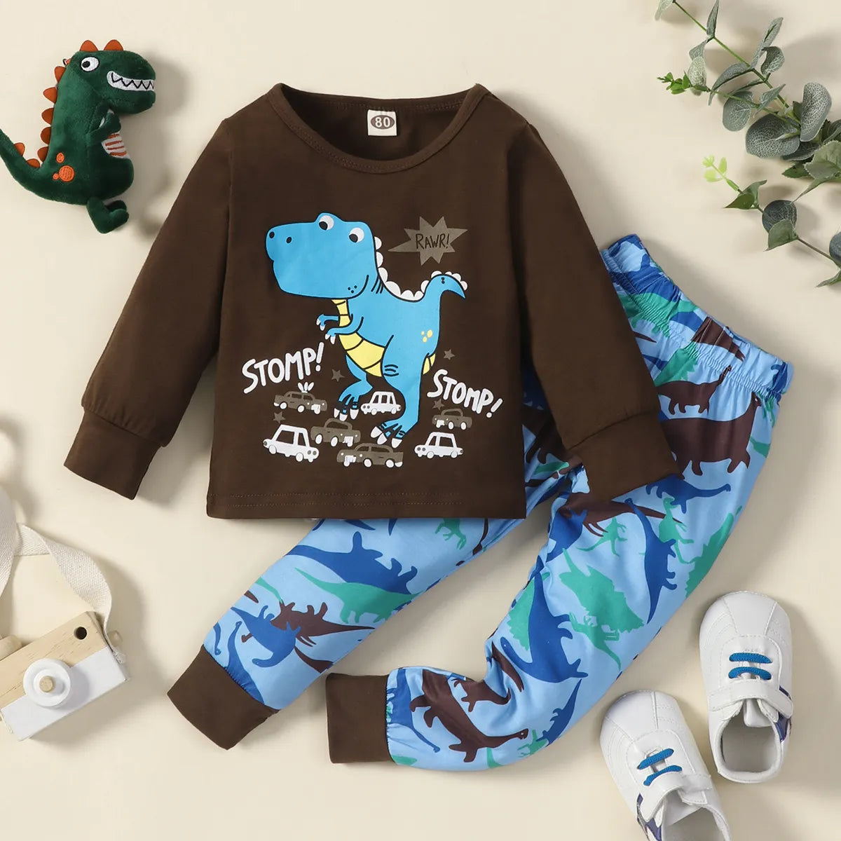 Sonbahar Yeni Çocuk Giysileri Sıradan Çizgi Film Ev Kıyafetleri Seti Sonbahar Giyim Çocuk Dinozor iç çamaşırı iki parçalı set