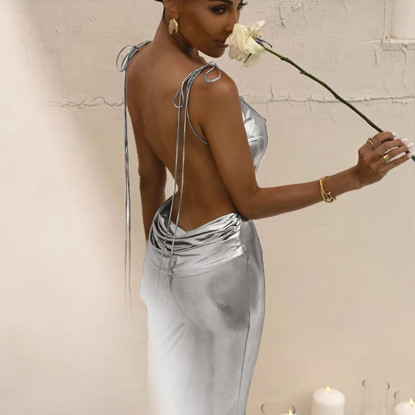 Faux Leather Backless Slips Solid Draped Lace Up Elegant Sexy Maxi Dress Spring Summer Women Outfit Festival Party Silver