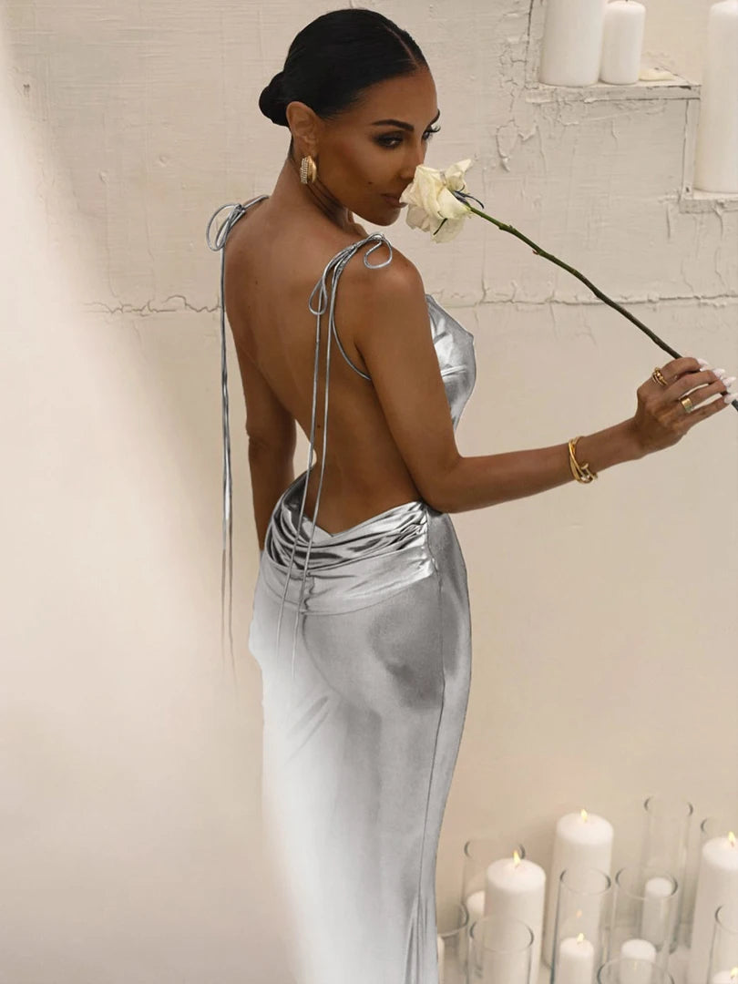 Faux Leather Backless Slips Solid Draped Lace Up Elegant Sexy Maxi Dress Spring Summer Women Outfit Festival Party Silver
