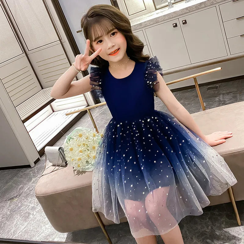 Summer Girl Dress Princess Star Sleeveless Tulle Tutu Dress for 4-8Y Kids Birthday Party Shaggy Dress Child Clothes Blue